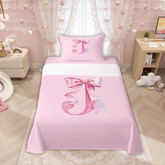 Manfei Pink Watercolor Bow Letter J Twin Sheet Sets for Girls, Cute Initial Bows Bedding, 3 Pieces