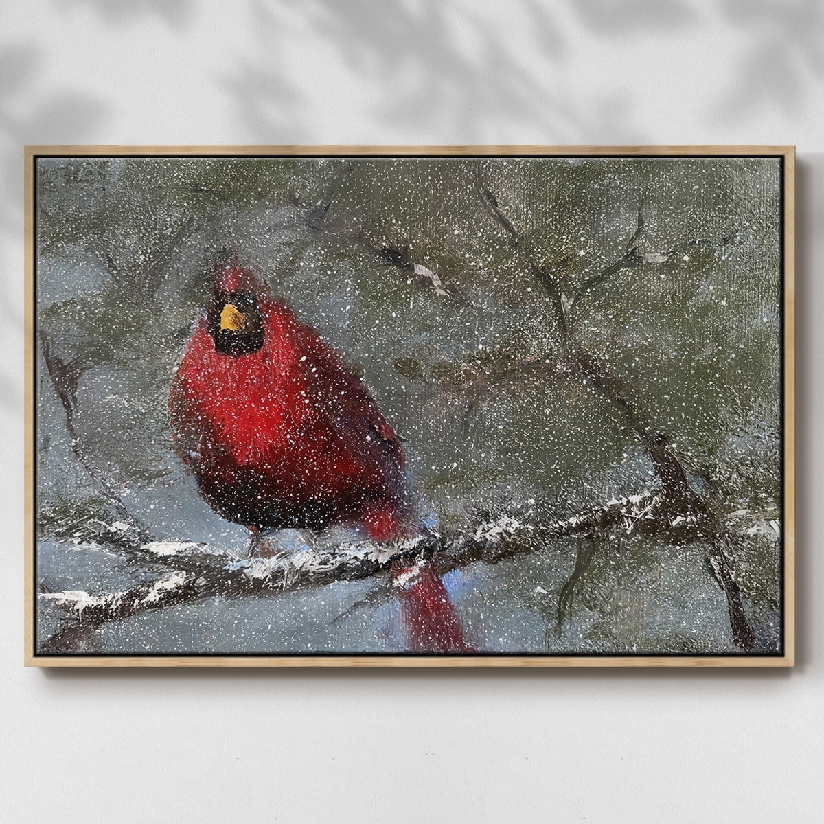 Cardinal in Snow I - Framed Gallery Wrapped Holiday Canvas - 25 x 37 - Natural Wood Frame