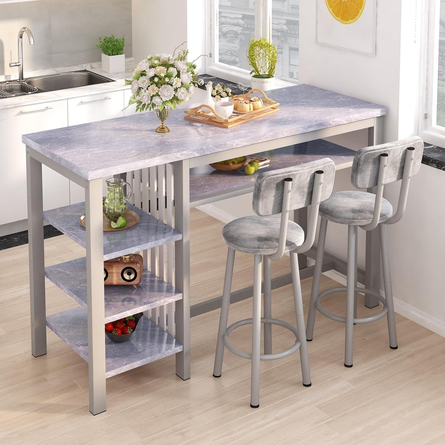 Cvortll Bar Table and Chairs Set, Kitchen Counter with 3 Tier Storage Shelves,3-Piece Faux Marble Table with 2 PU Cushion Bar Stools for Home & Kitchen,Grey