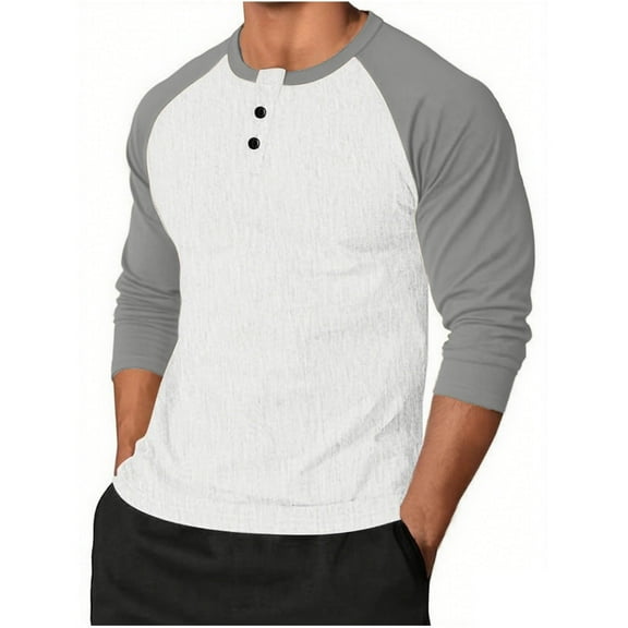 Timoontee Men's Henley Shirts Casual Long Sleeve Tops Color Block Undershirts 1/4 Button Up Tees Lightweight Spring Summer Fall Shirts Gray XXXL