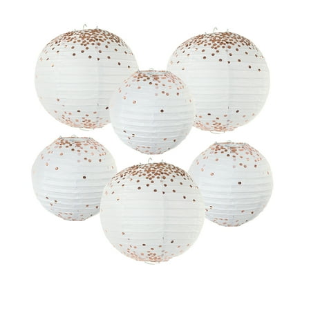 Paper Party Lanterns - Koyal Wholesale Rose Gold Foil Polka Dot Hanging Paper Lantern Decor Kit, 6-Pack Set with Free Gifts Table Party Sign