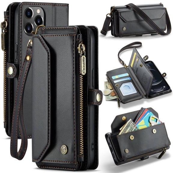 New Crossbody for iPhone 12/12 Pro Case Wallet【RFID Blocking】with 7-Card Holder Zipper Bills Slot, Soft PU Leather Magnetic Shoulder Wrist Strap for iPhone 12 12 Pro Wallet Case Women