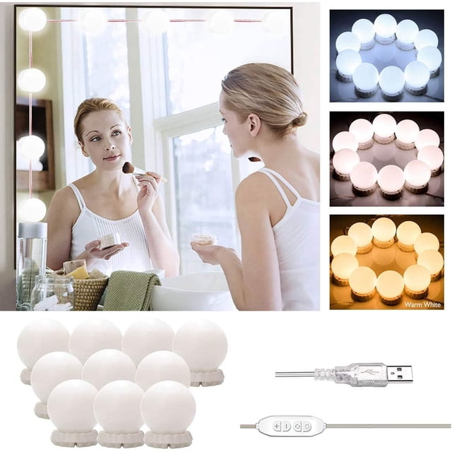 Luz de espejo Kit de luces LED Hollywood 10 bombillas Luces de maquillaje Guirnalda USB Tocador Lámpara cosmética con 10 pasos de brillo y 3 modos Espejo no incluido y adaptador