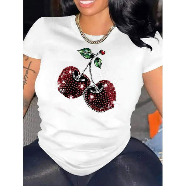 Camiseta para mamá para mujer ropa de calle clásica veranoCherry Print Short-Sleeve T-Shirt - Casual Crew Neck Tee with Medium Stretch - Polyester Spandex Blend, Seasonless Geometric Pattern Fashion