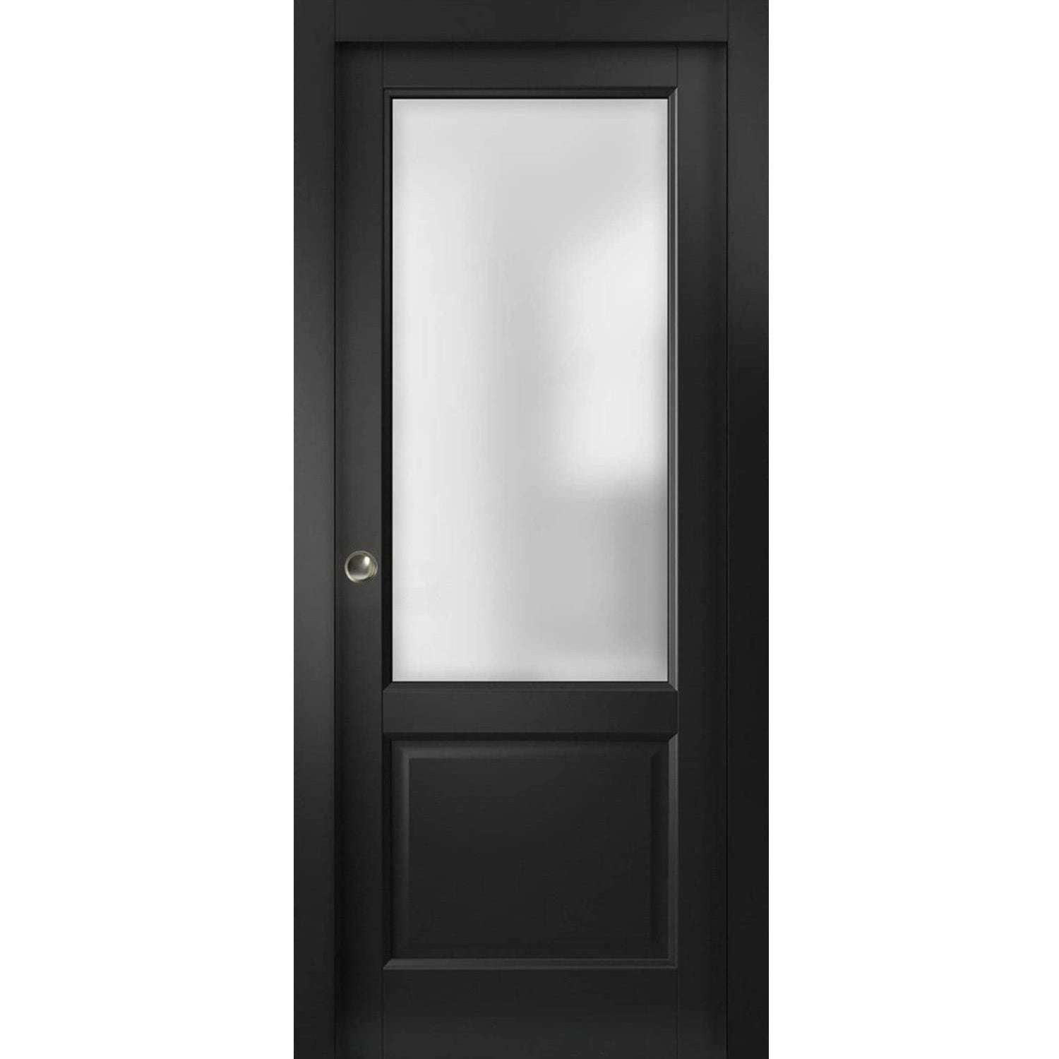 Sliding French Pocket Door Lucia 22 Matte Black with Rain Glass Kit