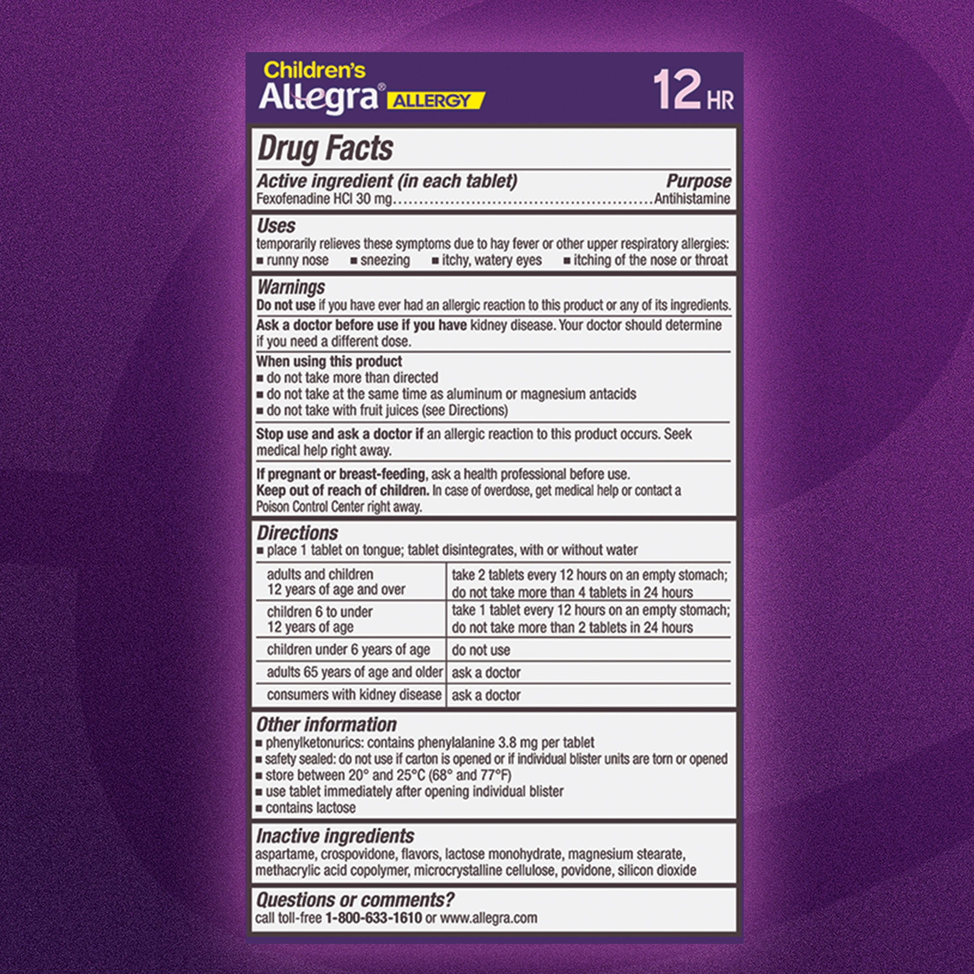 Allegra Children's 12 Hour Non-Drowsy Antihistamine Allergy Relief Medicine 30mg Meltable Tablets 12ct