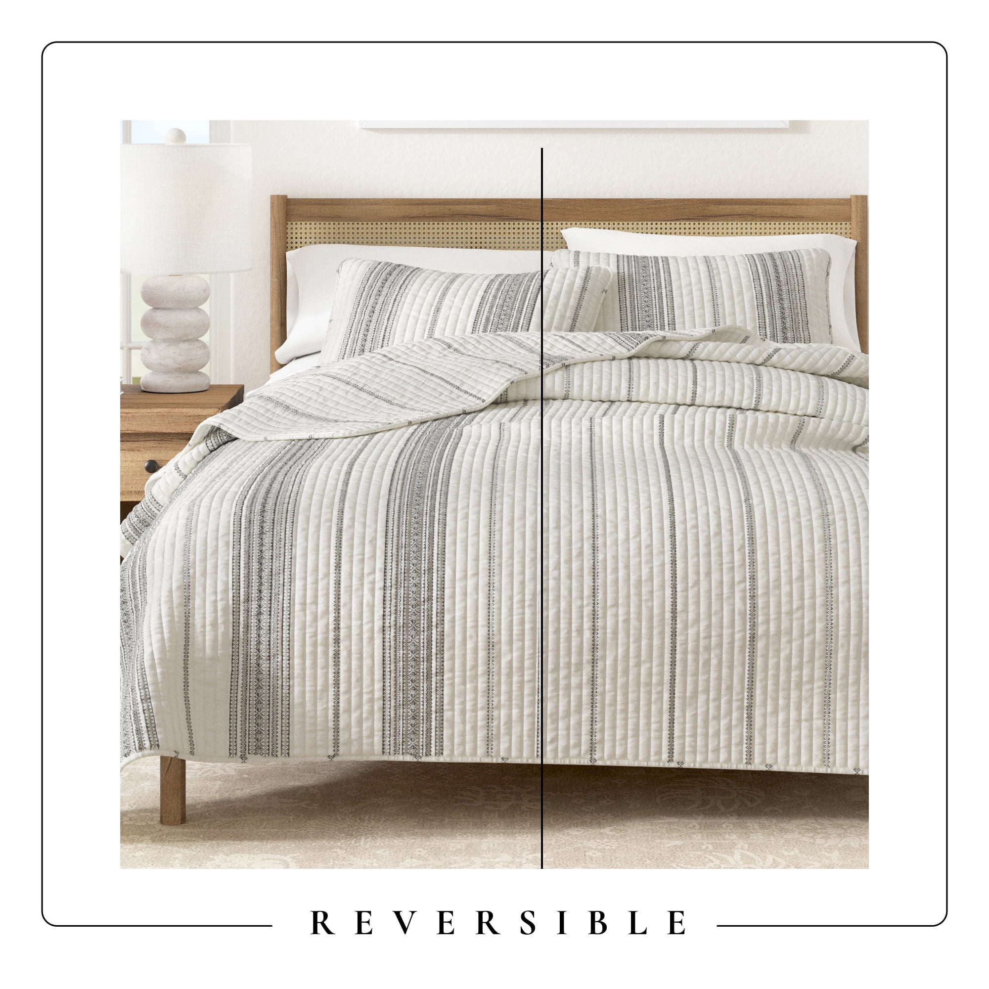 Striped Quilt Set - Lightweight, Soft, All-Season - 3-Piece Reversible Farmhouse Bedding Set (Full / Queen, Cream / Grey)