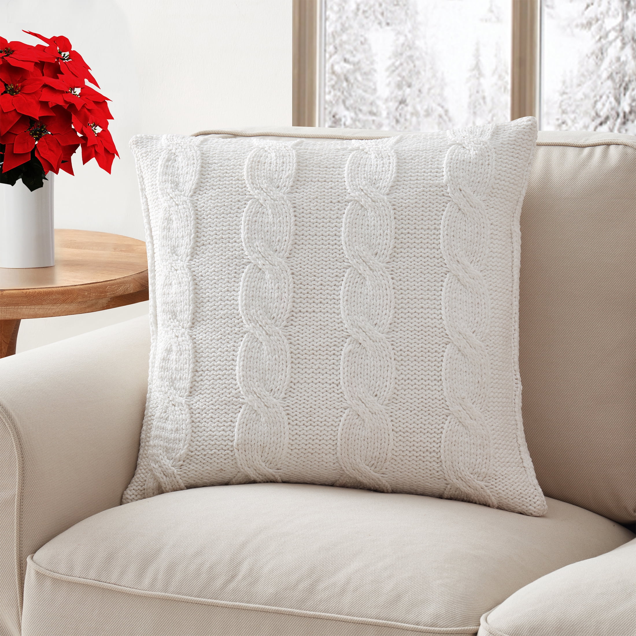 My Texas House Willow Cable Knit Square Decorative Pillow Cover, 22" x 22", White