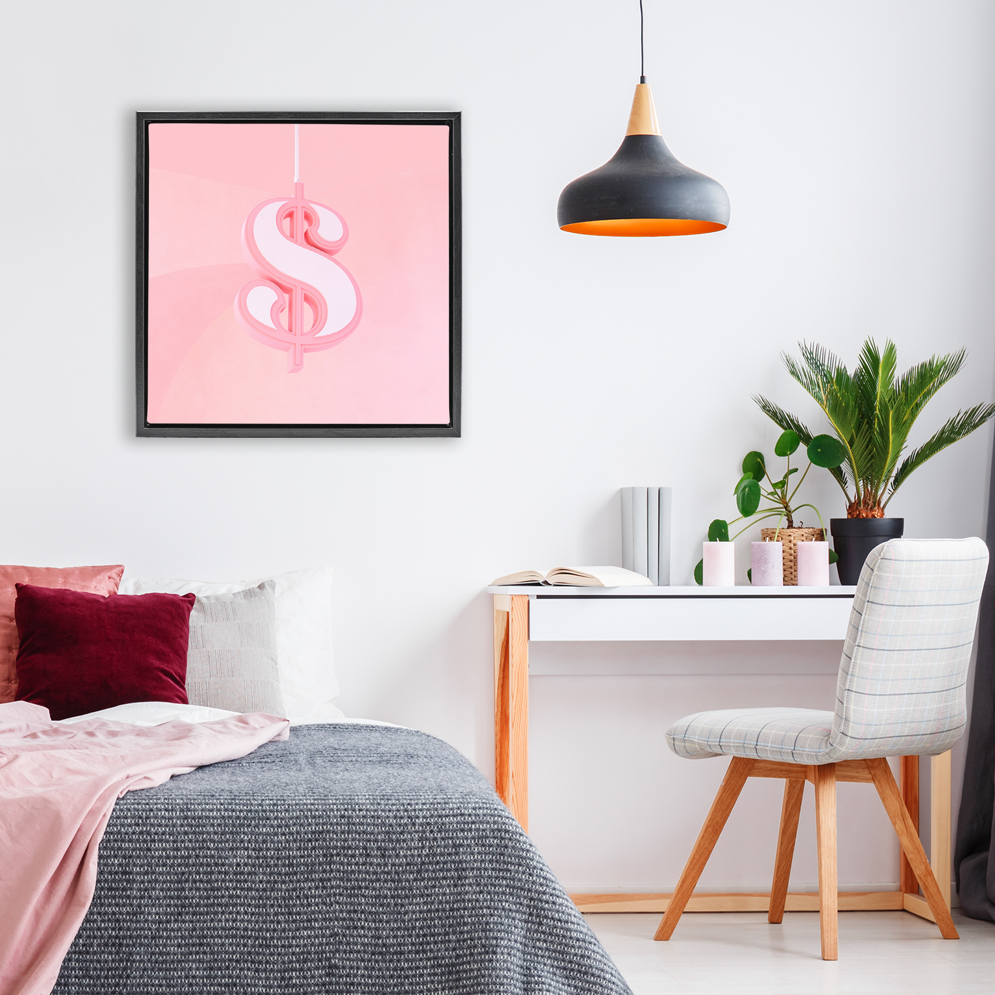 Pink Pastel Dollar Sign Black Framed Floater Canvas Wall Art, design by LISH Creative