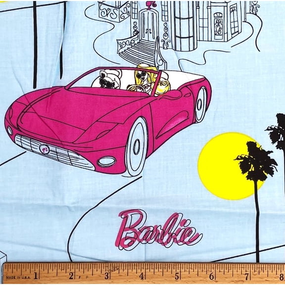 1/2 Yard - Barbie & Taffy the Dog Pink Car on Blue Cotton Fabric (Great for Quilting, Sewing, Craft Projects, Throw Pillows & More) 1/2 Yard X 44" Wide