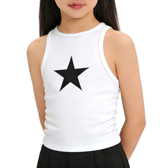 Tsesme Girls Star Print Tank Tops 2-14y, Casual Round Neck Sleeveless Tee, Summer Ribbed Knit Breathable Athletic Tanks