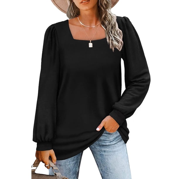 Camiseta suelta informal de manga farol con cuello cuadrado y manga larga Adepaton BST2002910-3