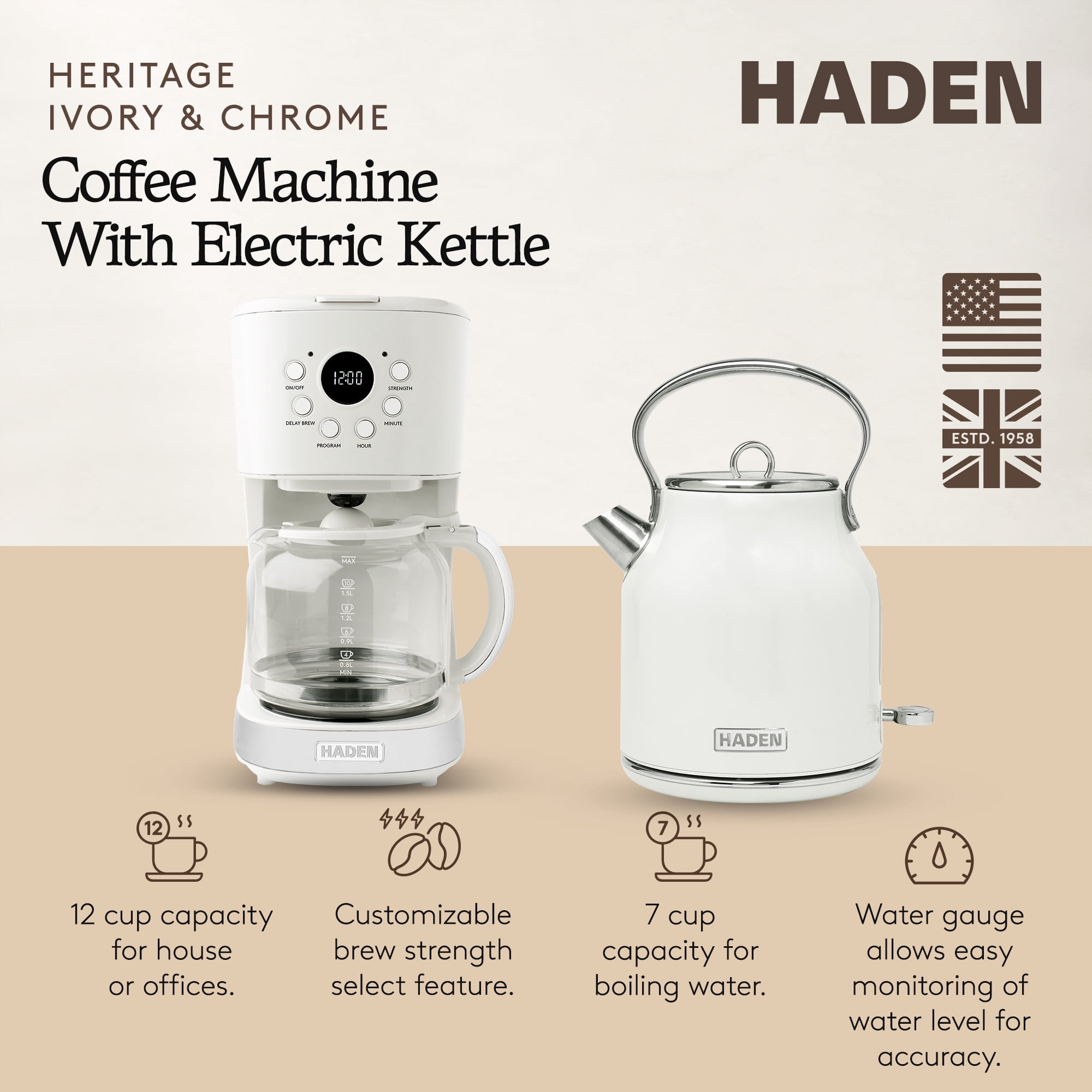 Haden Coffee Maker & Heritage 1.7 Liter Electric Kettle, Ivory & Chrome