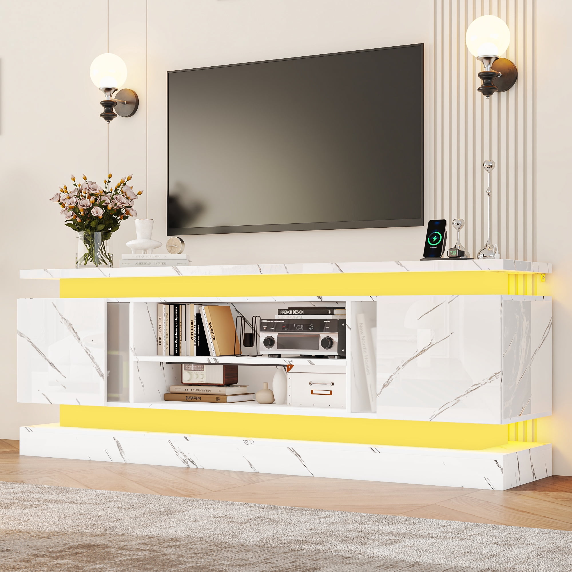 ChVans 71" LED TV Stand for TVs up to 85" with Power Outlets, Marble High Gloss Surface, 2 Storage Cabinet, Modern Style, TV Media Console with Storage, Marble Black