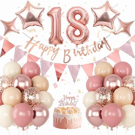 18th Birthday Decorations for Girls, Retro Pink Number 18 Balloon Set, Rosegold Star Balloons, Happy Banner, Cake Topper for Boho Party Decor