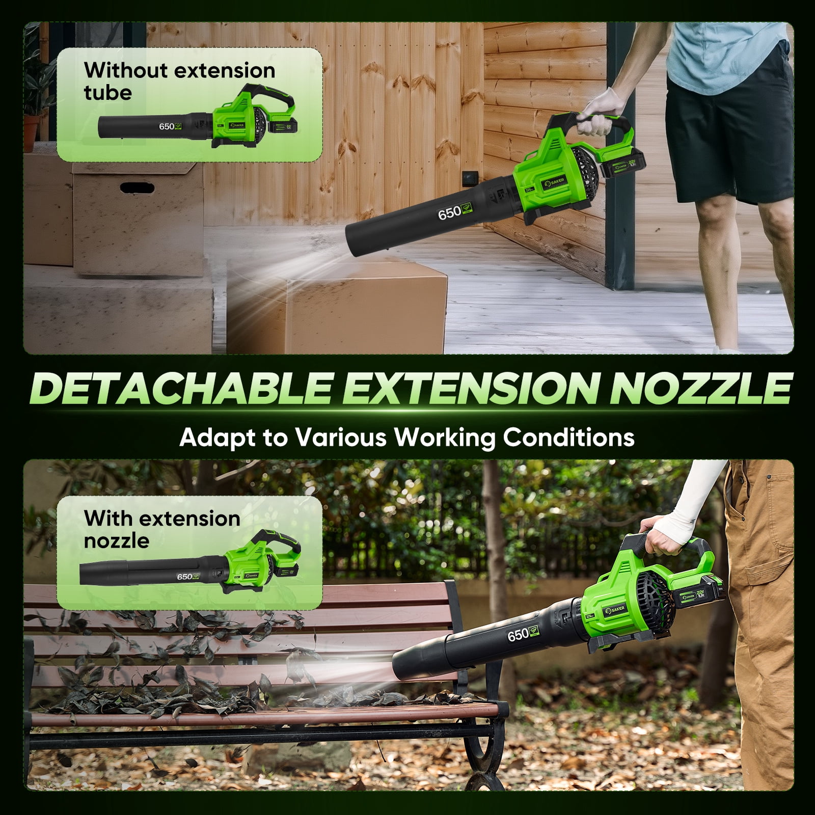 Saker Cordless Leaf Blower with 2x 5.2Ah Batteries, 650CFM, 150MPH, 3 Speed Levels, Electric Leaf Blower for Lawn Care, Leaves Blowing, Patio Cleaning