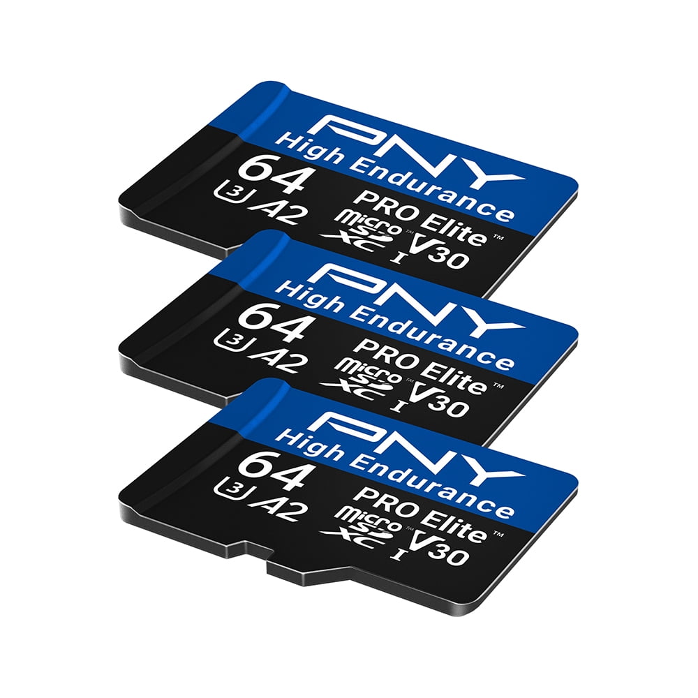 PNY 64GB PRO Elite™ High Endurance C10 U3 V30 A2 microSDXC – Up to 17.2K Continuous Recording Hours, Up to 100MB/s Read, 4K UHD, Full HD, UHS-I, Surveillance, Home Security, Dash Cam, 3-Pack