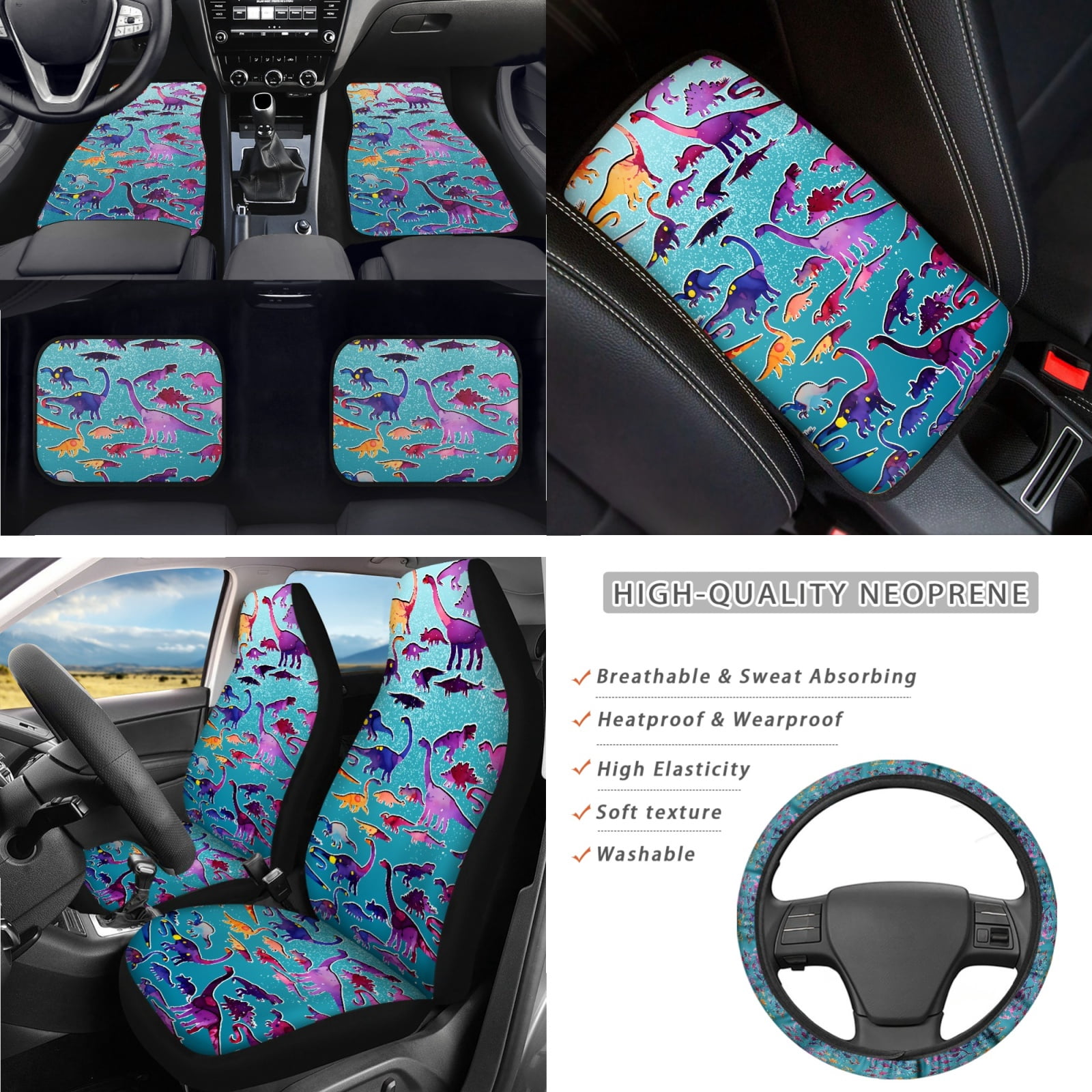 Jeiento Dinosaur Automotive Seat Covers Full Set for Men Women Car Floor Mats Steering Wheel Cover Armrest Cover Auto Seatbelt Covers Cup Coasters Keychains 17 Pack Car Accessory Decor