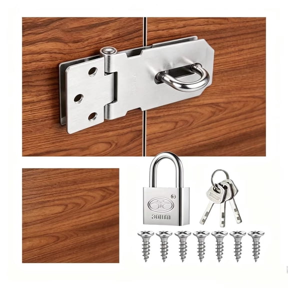 Vruelia Padlock Hasp with Padlock and Screws, Stainless Steel Door Latch with Key, Heavy Duty Staple Padlocks, Waterproof Door Latch, Door Closer for Bedroom Patio Garden