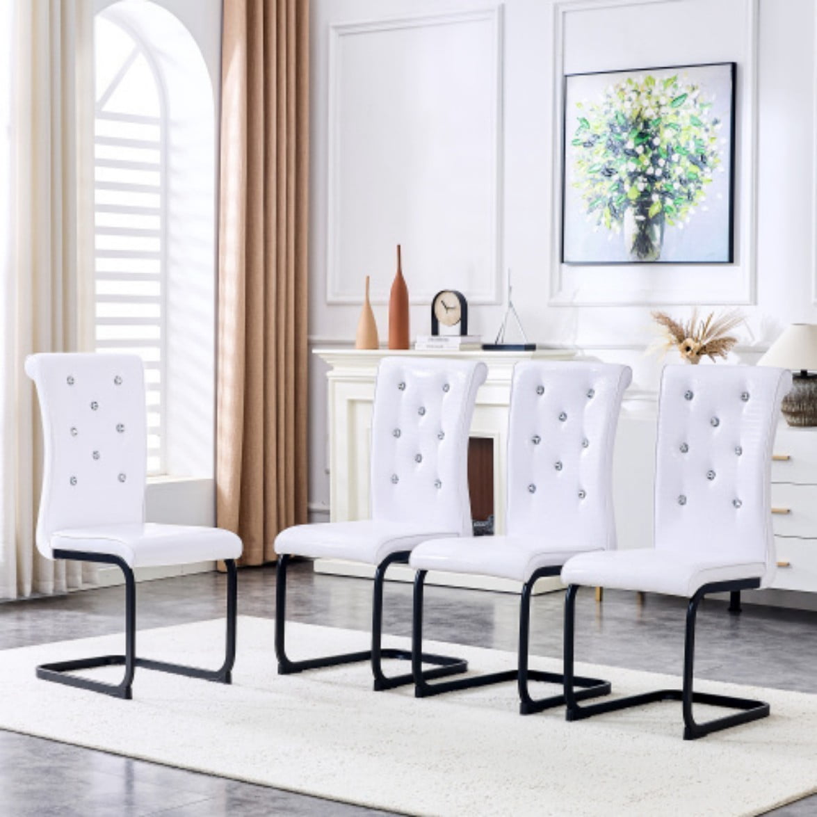Set of 4 Retro Dining Chairs, Faux Alligator Leather Upholstered Chairs with Crystal Button Details & Black Metal Bow Legs, 400 LBS, White & Black