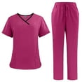 thumbnail image 3 of Jinhomg Womens Scrubs with Pockets Casual Colorblock V-Neck Caregiver Tops and Straight Leg Long Pants 2 Piece Loose Fit Nurse Workwear Hot Pink M, 3 of 4