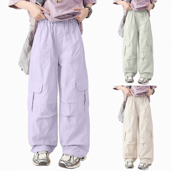 5-6 Years Toddler Parachute Pants For Girls Elastic Waist Wide Leg Cargo Pants With Pockets Jogger Trousers Cargo Pants for Fall and Winter Purple Joggers Pants