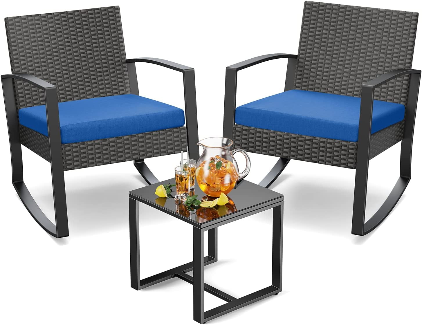 Lofka 3Piece Patio Wicker Chairs Set with Glass Coffee Table, Outdoor