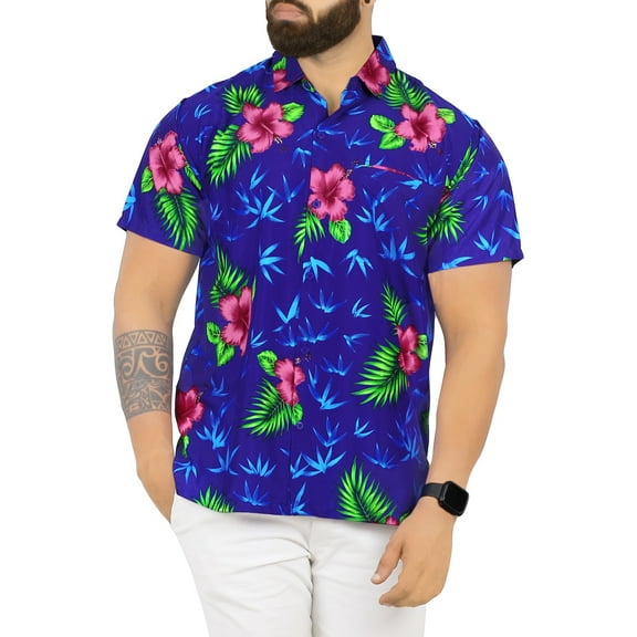 HAPPY BAY Men's Funky Beach Party Tropical Floral Shirts Short Sleeve Button Down Hawaiian Shirt for Men L Cerulean, Hibiscus Leaves