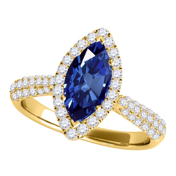 Mauli Jewels Rings for Women 0.80 Carat Elegant Look Diamond And Marquise Shape Created Sapphire Ring 4-prong 10k Yellow Gold