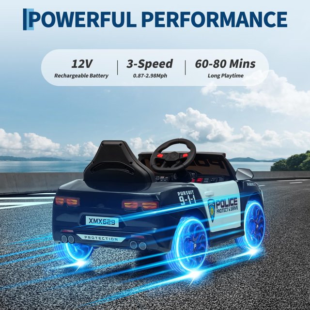EDTara 12V Police Car Ride On Car for Kids, Ride On Toy with Remote Control, Alert Tones, Megaphone, Flashing Lights, Music, Spring Suspension