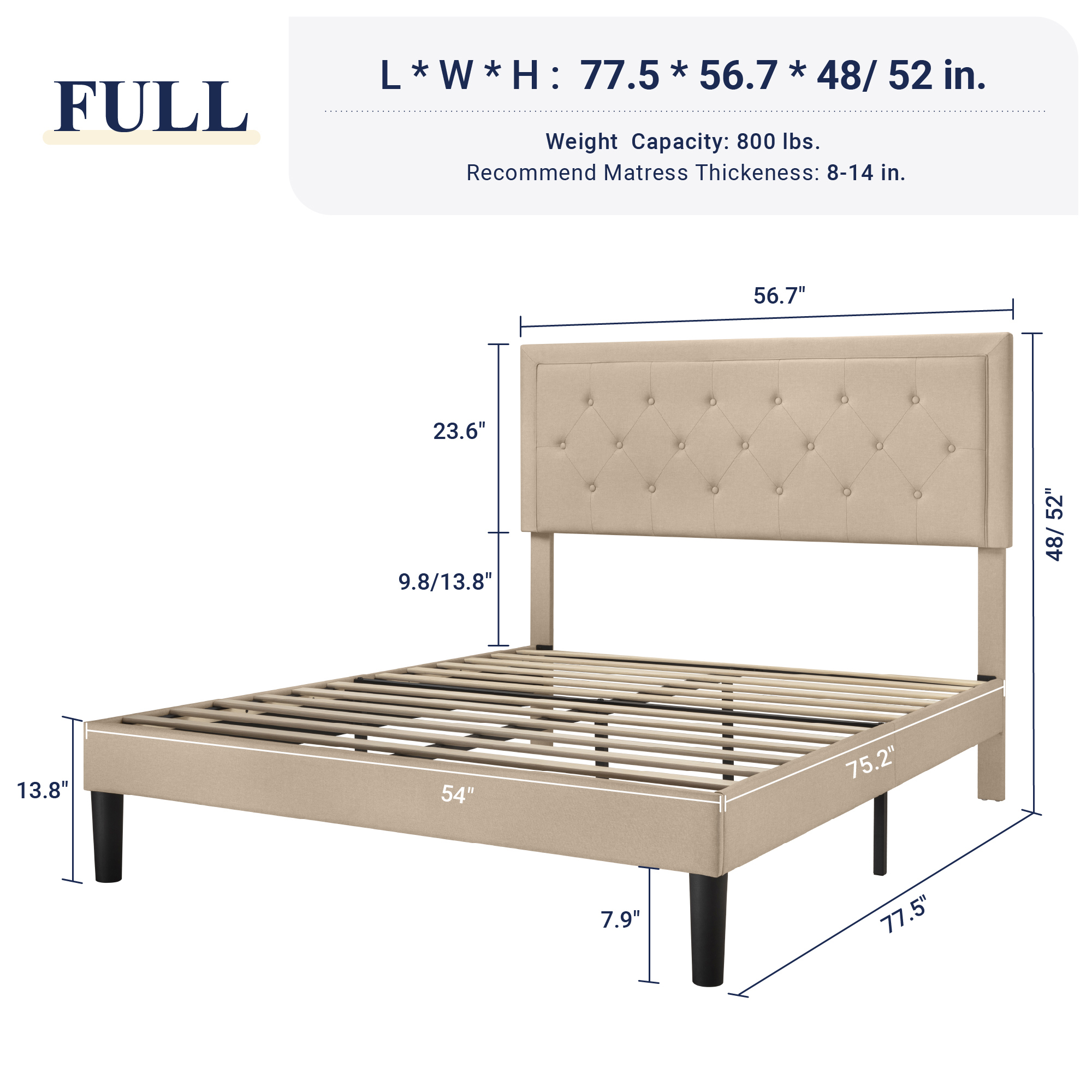 Allewie Full Size Button Tufted/Fabric Upholstered Bed Frame with Adjustable Headboard/Wood Slat Support/Mattress Foundation/Beige