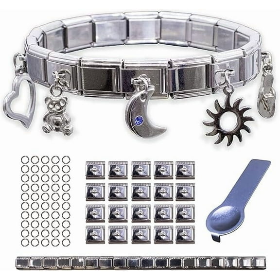 Fablinks Italian Charm Bracelet Starter Kit, 9mm 304 Stainless Steel Charms Link Bracelets for Women, Silver Modular Jewelry Pack for Men with Tool