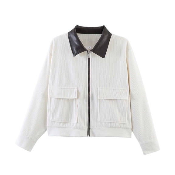cocolona Corduroy Cropped Jackets for Women Contrast Collar Cargo Coat Long Sleeve Zipper Outwear with Pockets