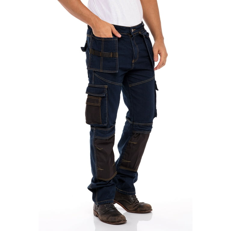 Men's Denim Cordura Fit Work Dungaree Pants Carpenter Workwear Mens Utility  Jean Dark Blue 40-34 