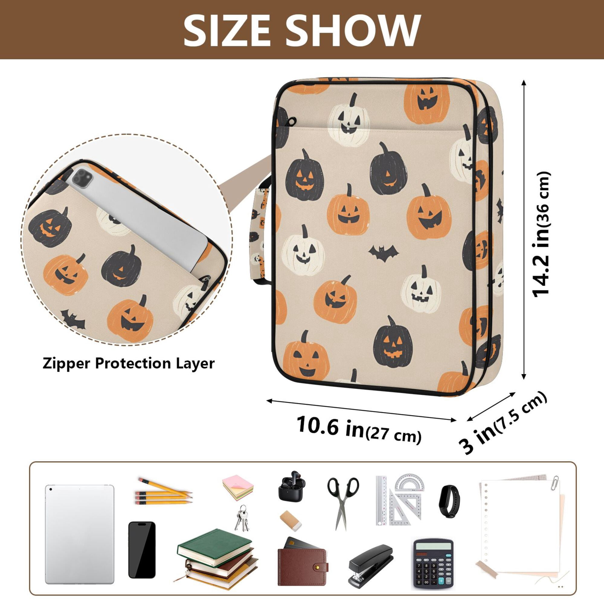 FORMRS Accordion File Folder A4 Size 7-Pocket Expanding Document Organizer Bag with 3 Ring Binder, Beige Halloween Pumpkin