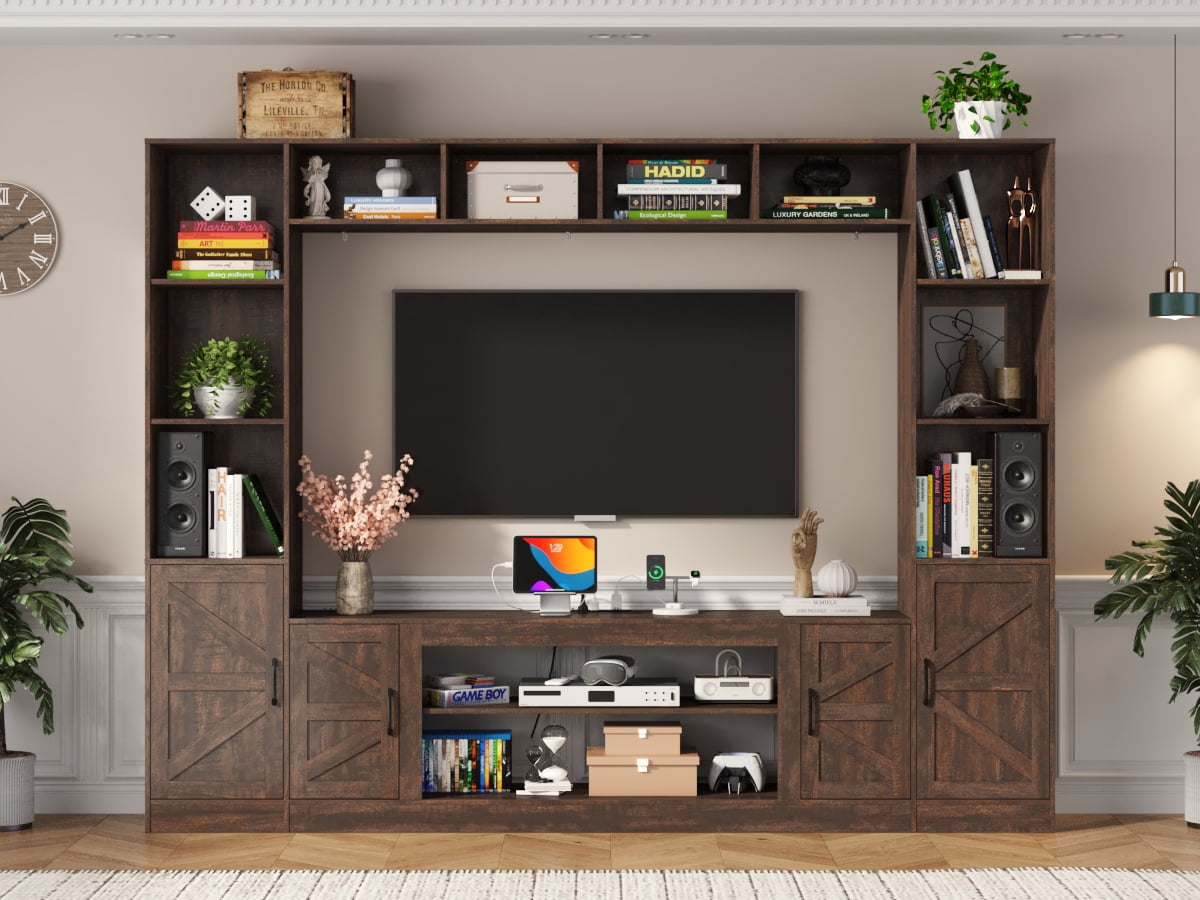 ChVans 103" Large Farmhouse Wall Unit Entertainment Center with Bookshelves, Storage Shelves & Barn Door Cabinet, Rustic Farmhouse TV Stand Media Console Table for Living Room & Home Theater
