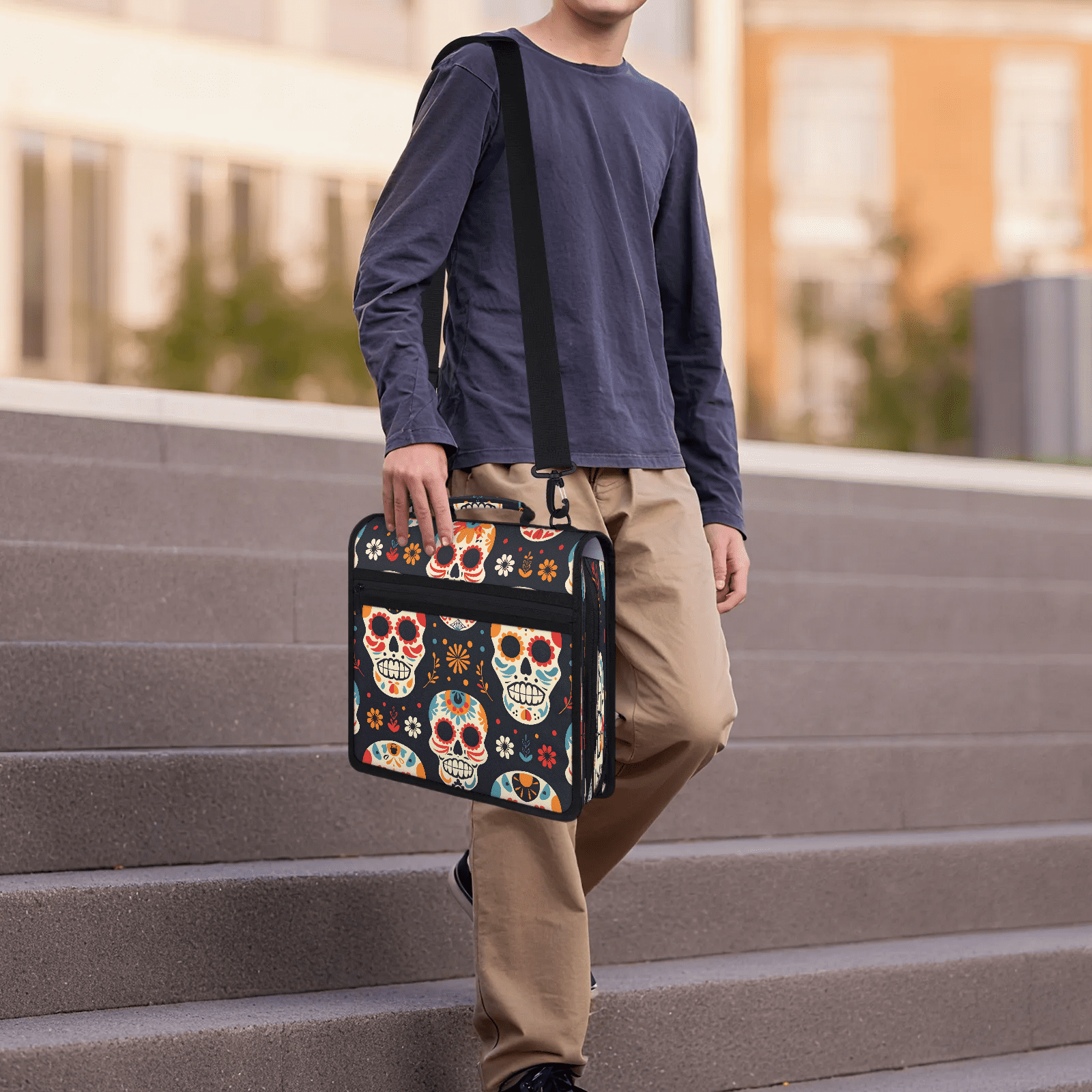 Herdesigns Sugar Skull Floral Zipper Binder with Shoulder Strap, Waterproof 1.5 Inch 3 D-Ring Binder Organizer Bag, Fits 13 Inch Laptop for Work,