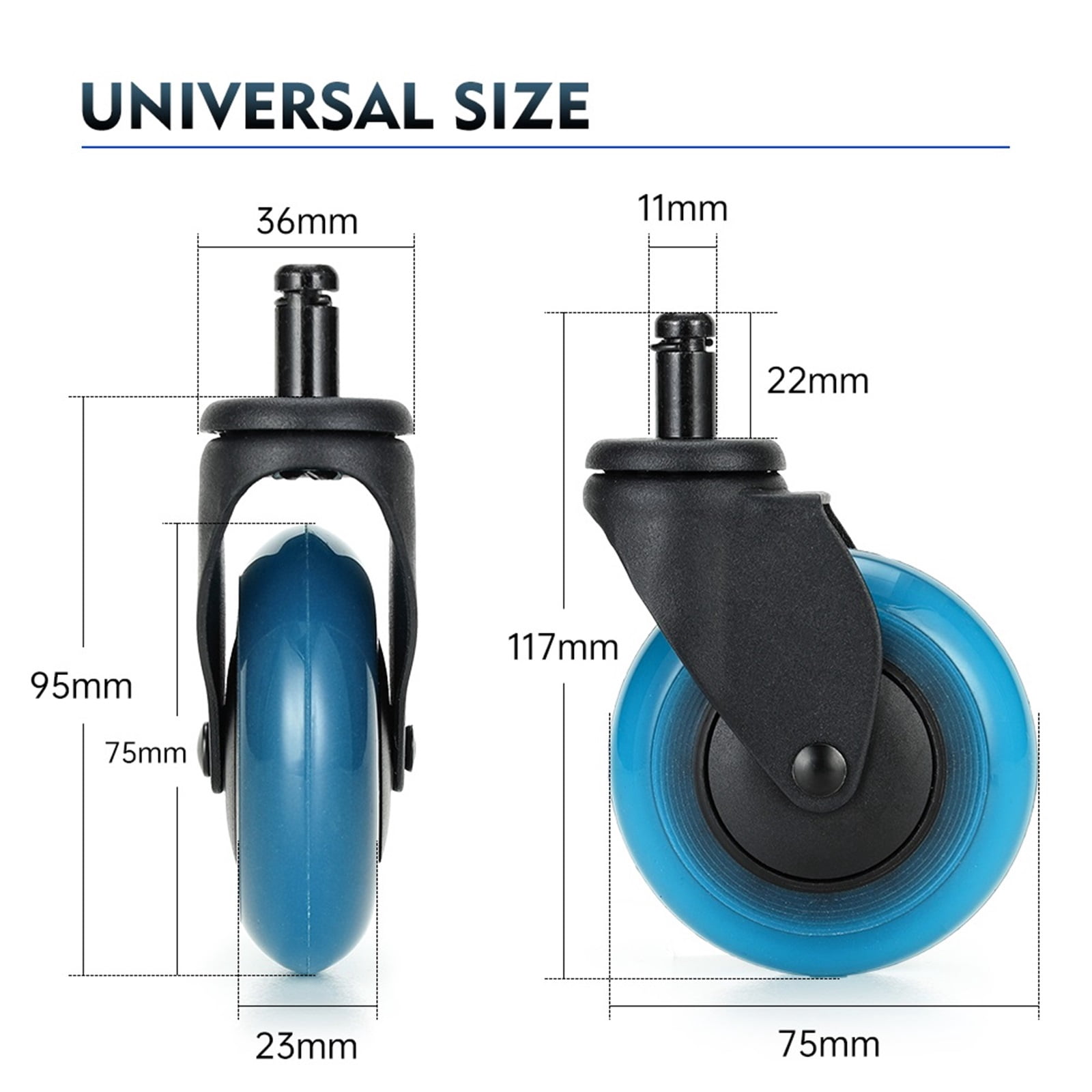 5PCS Blue Polyurethane Office Chair Caster Wheels,3inches Swivel Rubber Soft Furniture Wheels Safe Rollers For Furniture ,Easy to Install