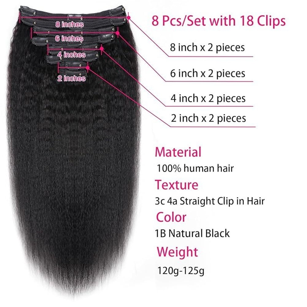 Kinky Straight Clip in Hair Extensions Real Human Hair for Women Double Weft Full Head Brazilian Remy Hair Yaki Straight Clip ins Natural Black Color