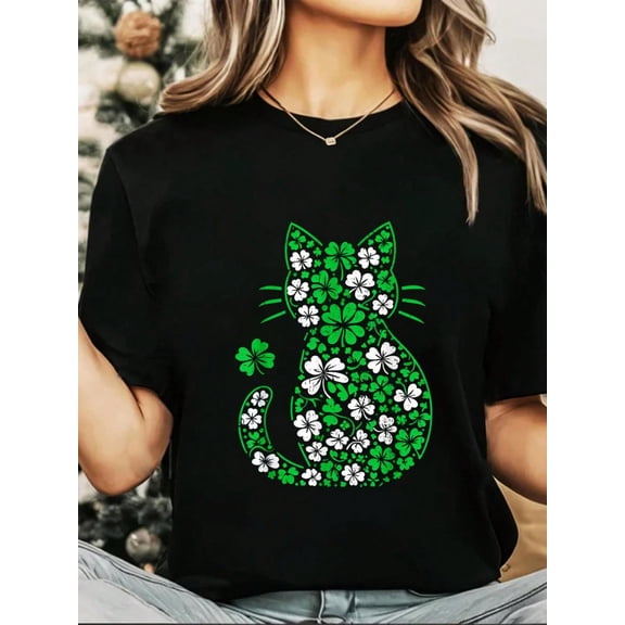 100% Cotton Shamrock Irish Cat Graphic Saint Patrick Day For Cat Lovers T-Shirt Print Round Neck Short Sleeve T-Shirt For Women Casual, Summer , Women Top Graphic Tees Women Tops