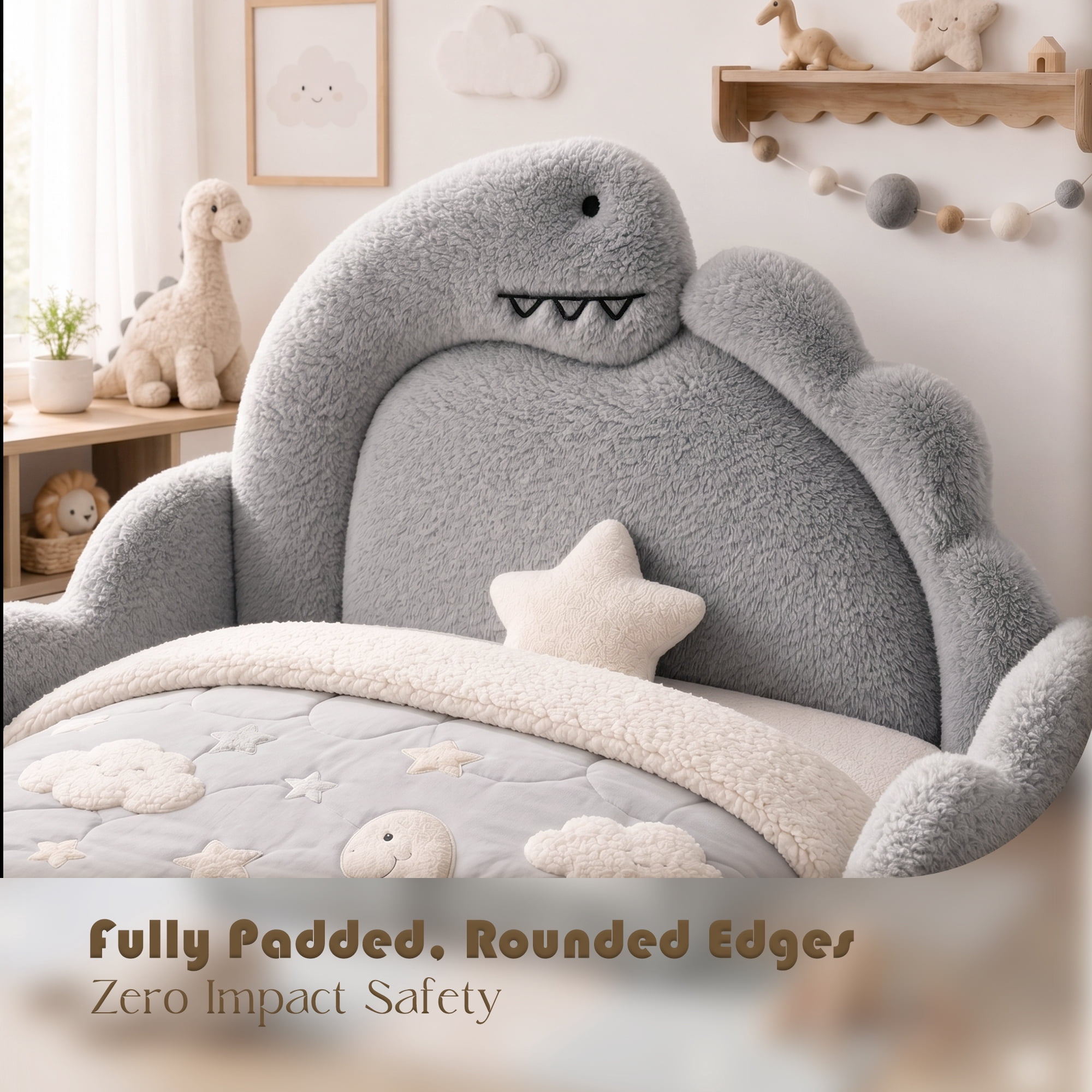 Avobird Twin Size Cute Dinosaur-Shaped Kids Bed with Safety Guardraild, Solid Wood Toddler Bed Frame for Children for Bedroom, Boucle Fabric, Gray
