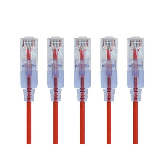 Monoprice SlimRun Cat6A Ethernet Patch Cable - Network Internet Cord - RJ45, Stranded, UTP, Pure Bare Copper Wire, 30AWG, 2ft, Red, 5-Pack