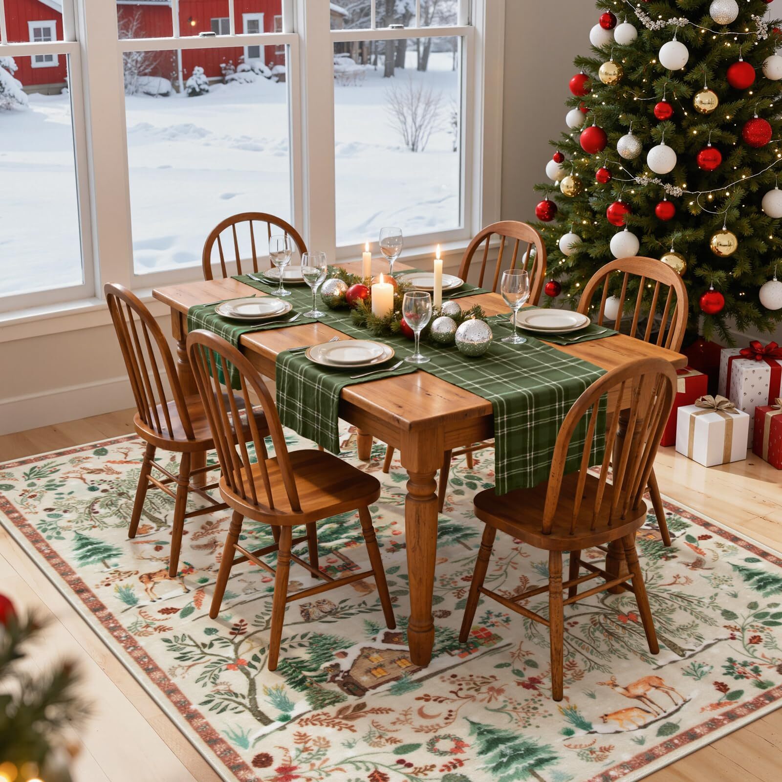 Wonnitar 8x10 Christmas Area Rug, Washable Soft Large Rug for Living Room, Non Slip Low Pile Bedroom Rug Xmas Tree Indoor Floor Carpet for Dining Room Winter Holiday Decor, Beige
