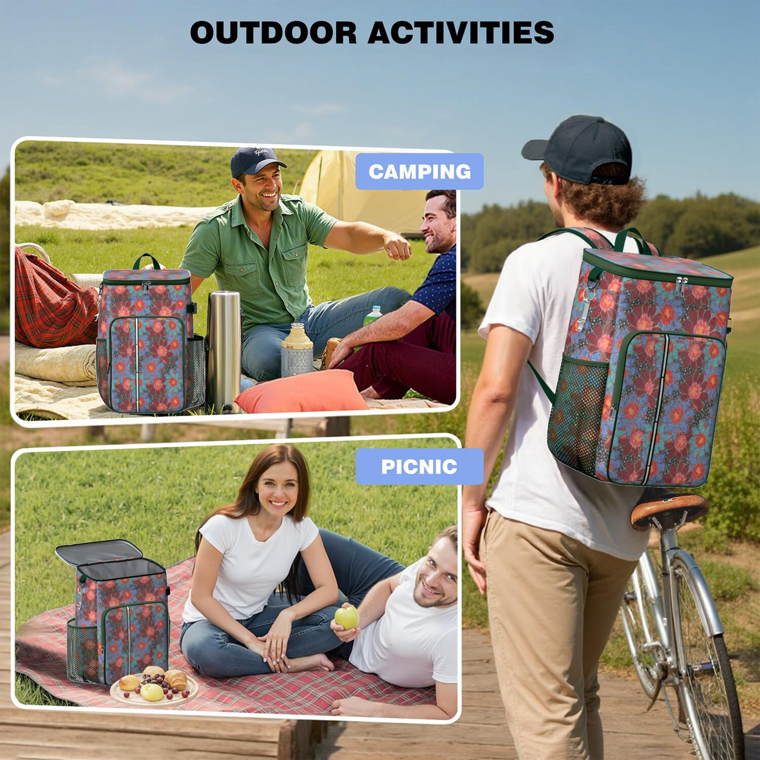 Travel Cooler Bag - Pioneer Flower Camping Beer Cooler Backpack with Bottle Opener- Waterproof Insulated Picnic Backpacks - Cooler Bag for Beach