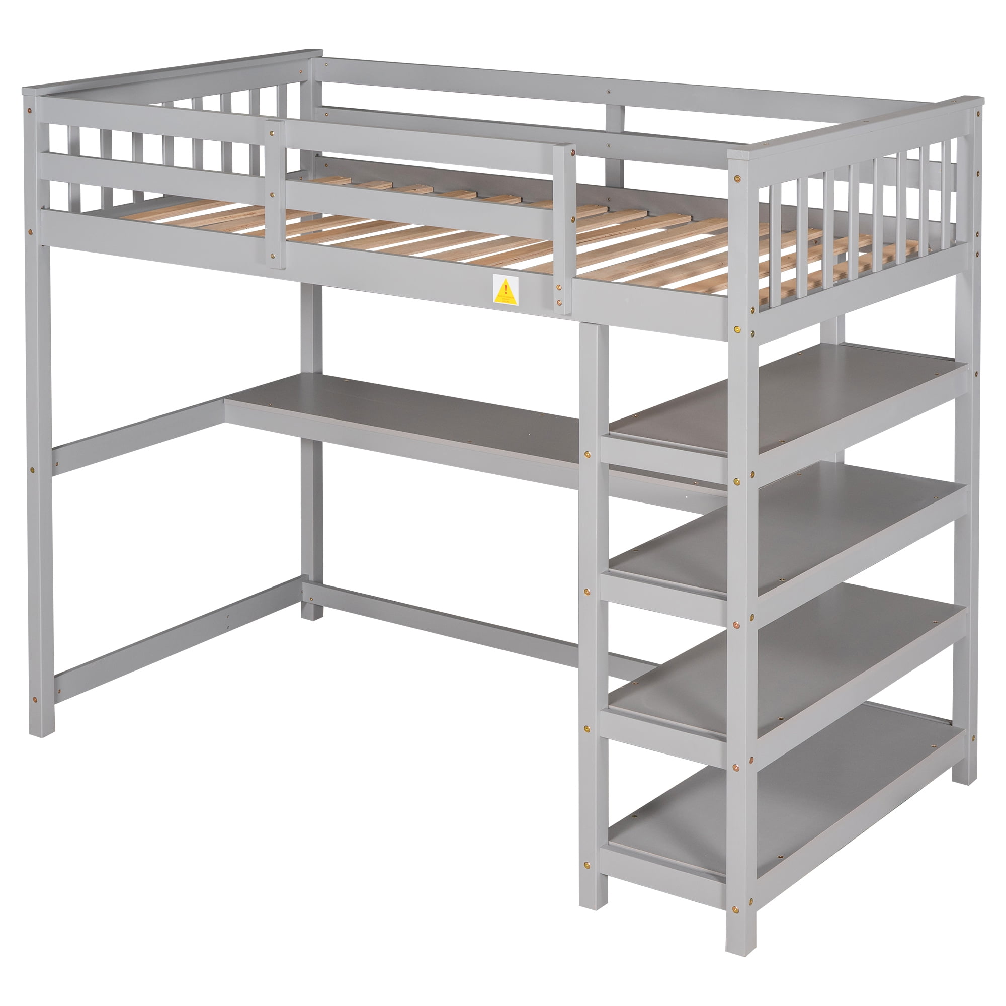 Yoneston Twin Size Loft Bed with Storage Shelves, Wooden Twin Loft Bed Frame with Under-bed Desk for Boys Girls Teens Bedroom, Gray
