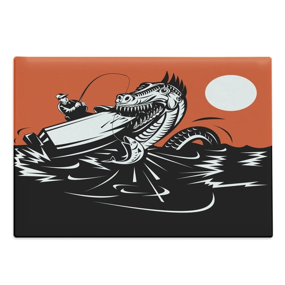 Sea Monster Cutting Board, Gigantic Creature Devouring a Boat with Fisherman Mystical, Decorative Tempered Glass Cutting and Serving Board, in 3 Sizes, by Ambesonne