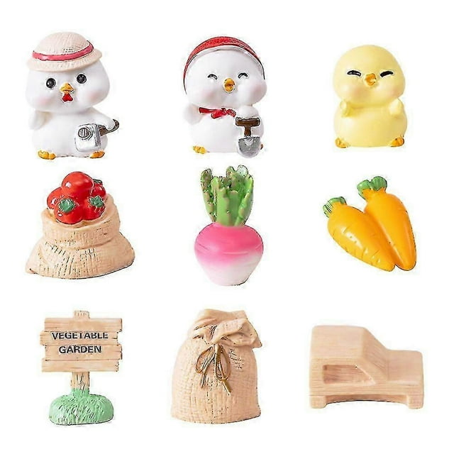 9pcs Resin Chick Statues Mini Chick Decors Farm Vegetable Miniatures Decors Miniature Chick Sculptures