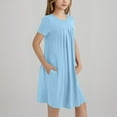 thumbnail image 4 of BRGZLK Girl's Summer Dresses Cute Solid Color Short Sleeve Round Neck Pleated Front Swing Flowy Midi Dress with Pockets Light Blue 5-6 Years, 4 of 6