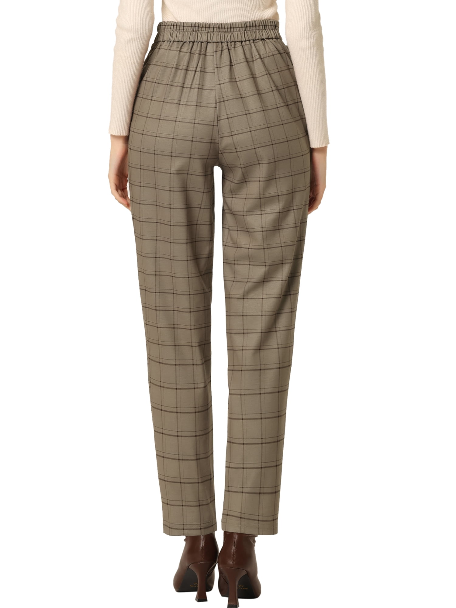 DARING DIVA Women's Tartan Plaid Pants Elastic Waist Straight Trousers XS Camel