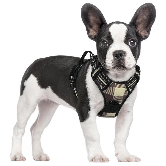 rabbitgoo Harnais pour Chien, Harnais pour Animal Anti-Traction avec 2 Pinces pour Laisse, Harnais Rembourré Doux Ajustable, Harnais Oxford Réfléchissant Anti-Étranglement pour Animal avec Poignée de Contrôle Facile pour Petits Chiens, Carreaux Bruns, P